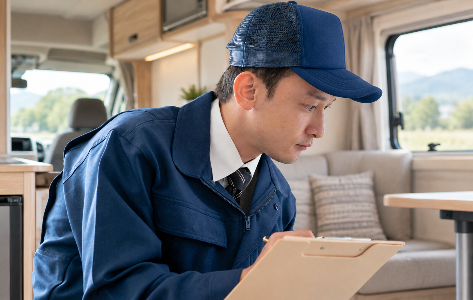 キャンピングカーをチェックする男性作業員