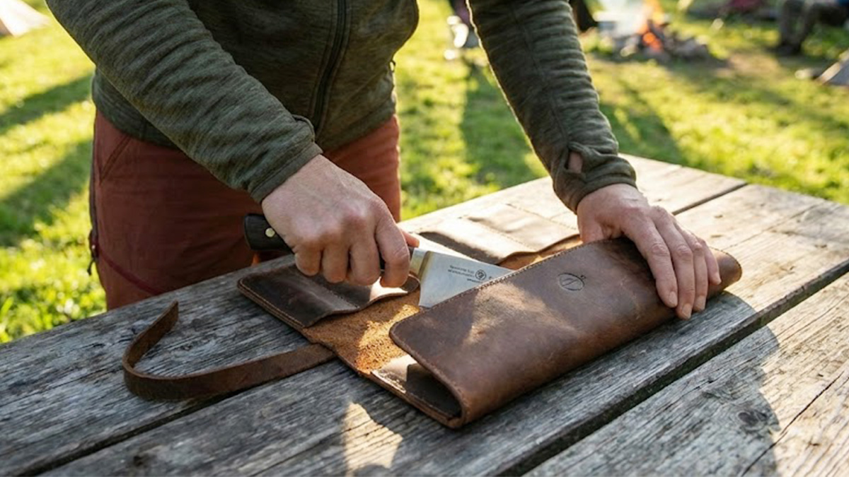 包丁をケースにしまう様子